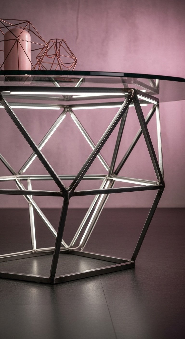 Modern geometric 'infinity' welded coffee table, complex steel frame, clear glass top with subtle LED lighting.