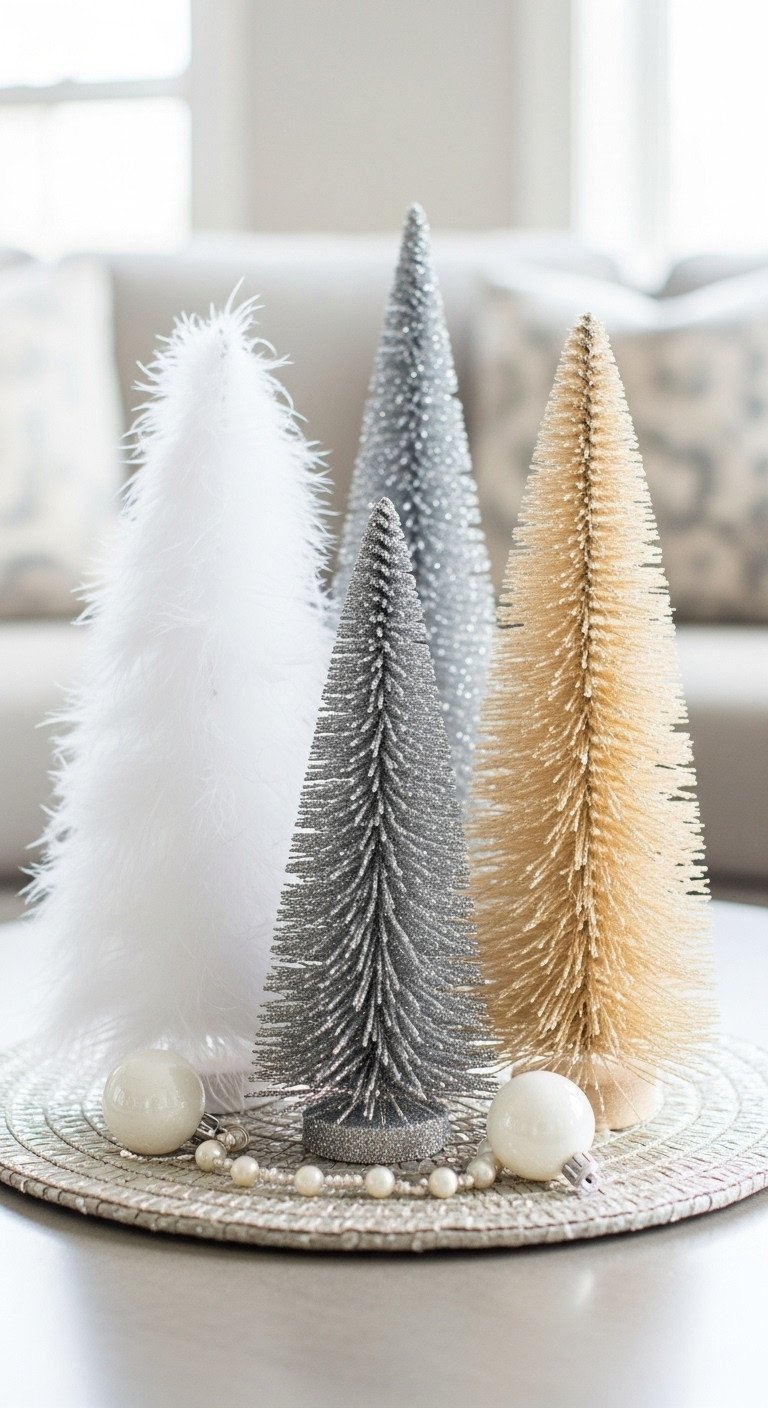 11 Glam Christmas Coffee Table Decor Ideas For Stunning Style 17 Modern glam Christmas decor: miniature white feather, glitter silver, gold tinsel trees, white ornaments, pearl beads. Vibrant holiday display.
