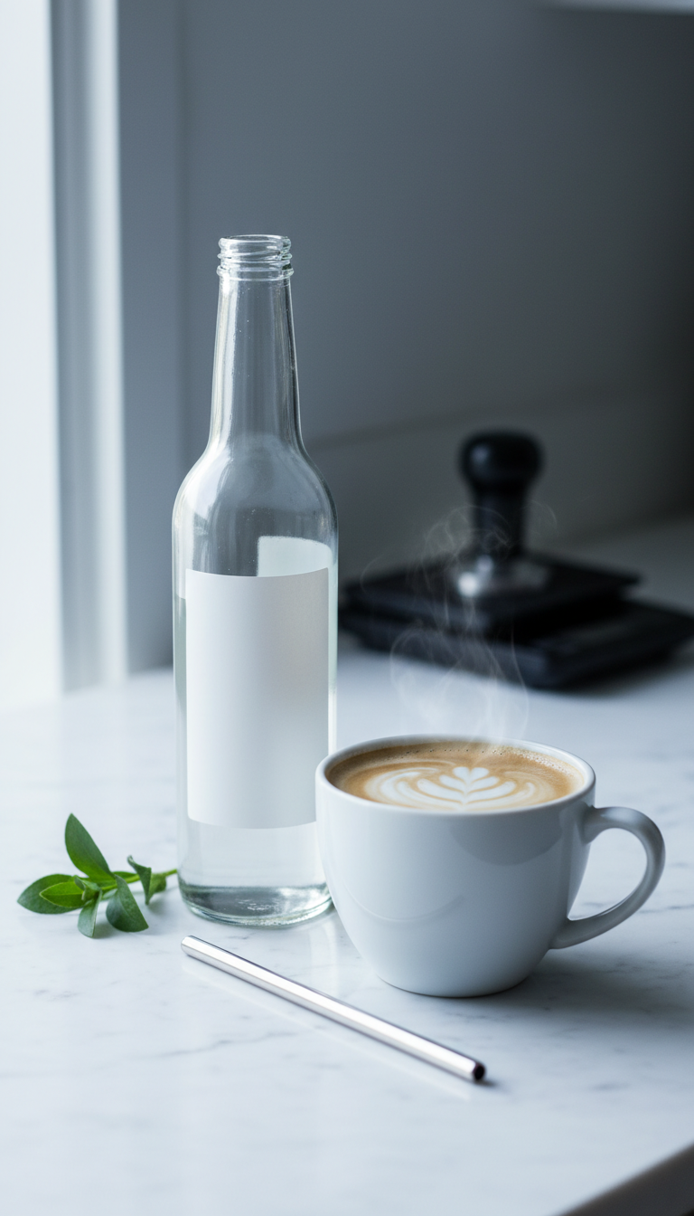 Homemade Coconut Coffee Syrup: Master Barista Flavor 5 Modern glass bottle of sugar-free coconut syrup next to a steaming keto latte on a white marble counter.