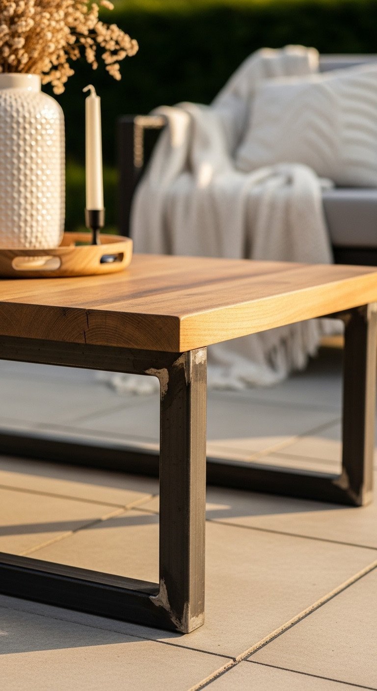 Modern half-floating coffee table with dark welded steel legs and rustic wood top, industrial design on an outdoor patio.