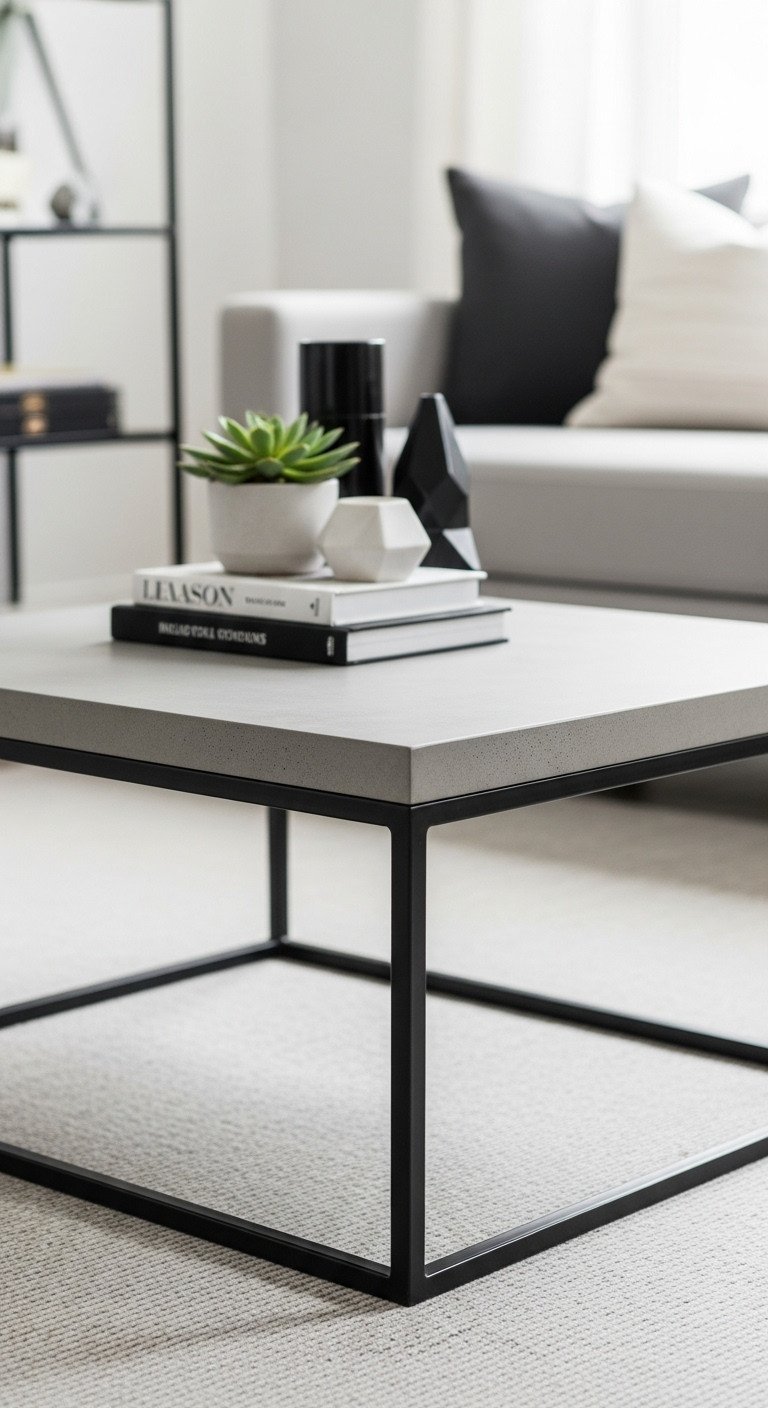 Modern industrial concrete coffee table, sleek grey top, geometric black metal base, minimalist room decor.