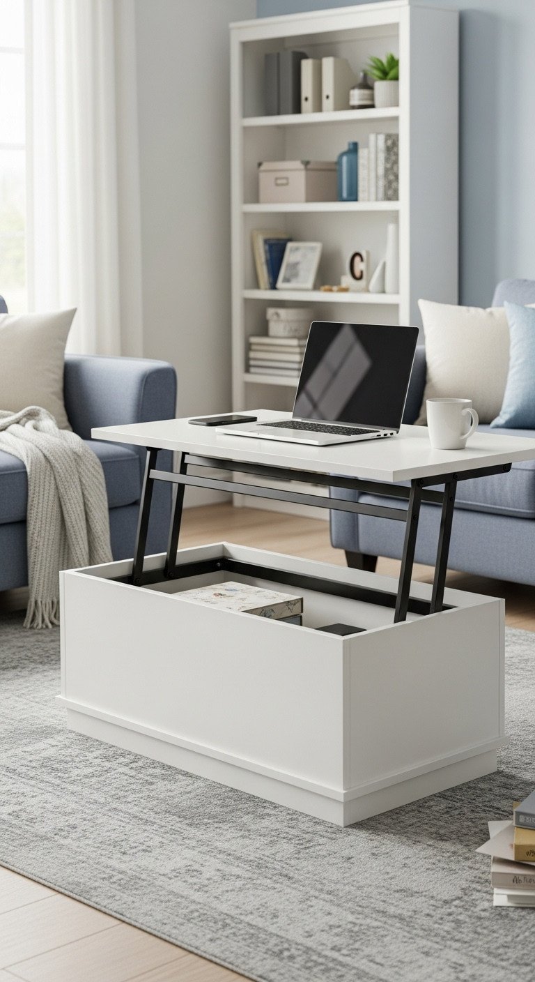 9 Creative Coffee Table Ideas To Elevate Your Home Style 3 Modern lift-top coffee table in a living room, raised to reveal storage, with laptop and mug on surface, cozy decor.
