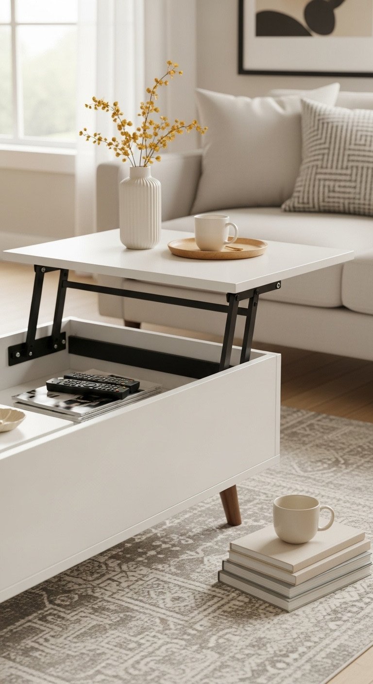 Modern lift-top coffee table, partially elevated to show hidden storage with remotes, magazines. Functional, minimalist design in warm browns.