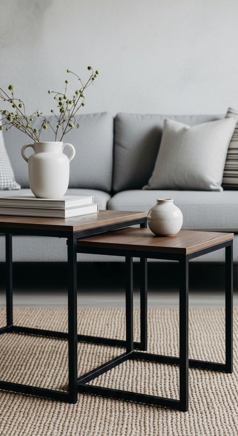 Modern living room, black metal & dark wood nesting coffee tables partially open, ceramic vase. Space-saving home decor.