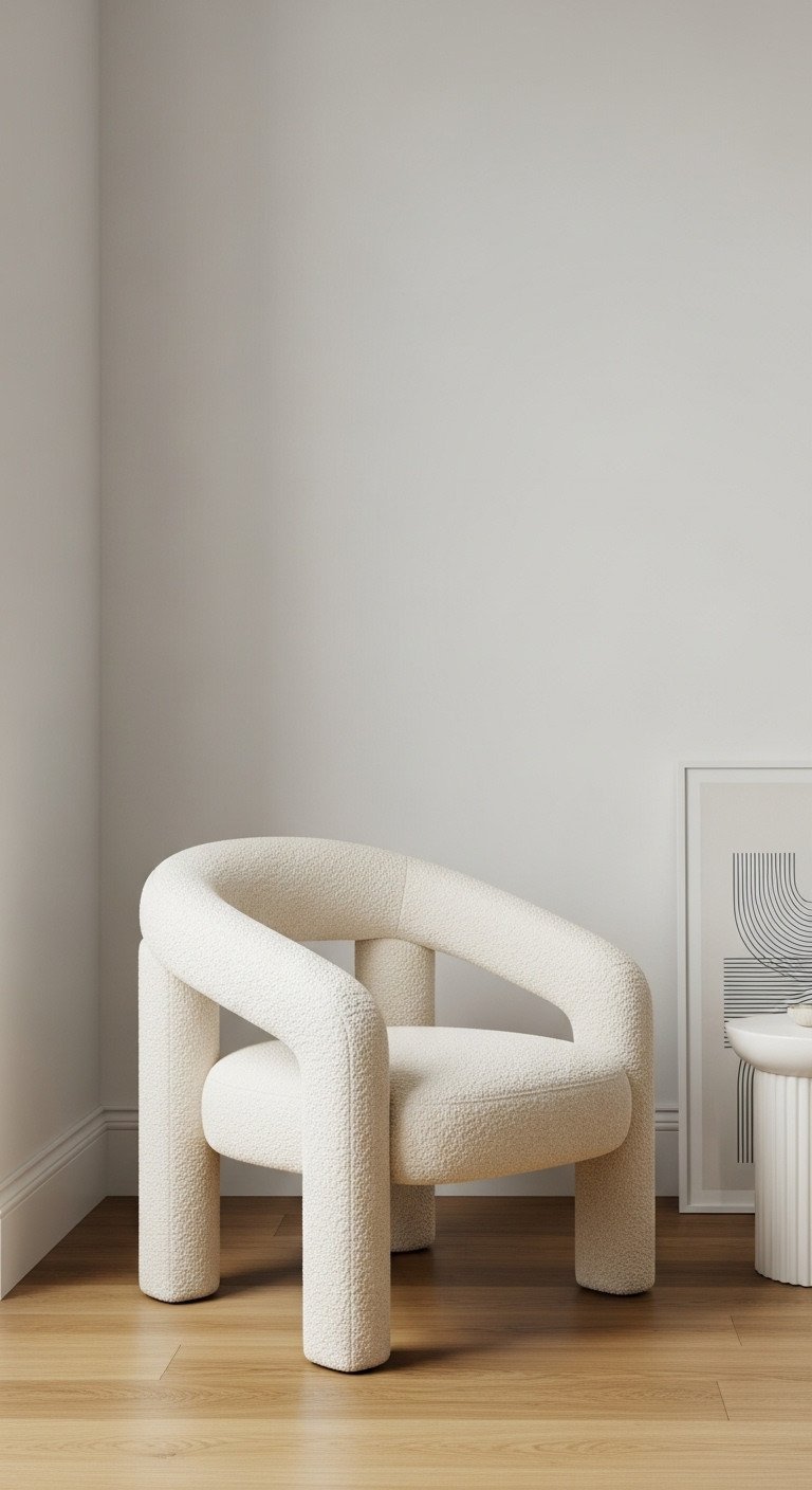 9 Genius Neutral Living Room Decor Ideas To Never Be Boring 13 Modern living room: curved ivory boucle armchair, emphasizing its unique silhouette. Minimalist pedestal side table and art print.