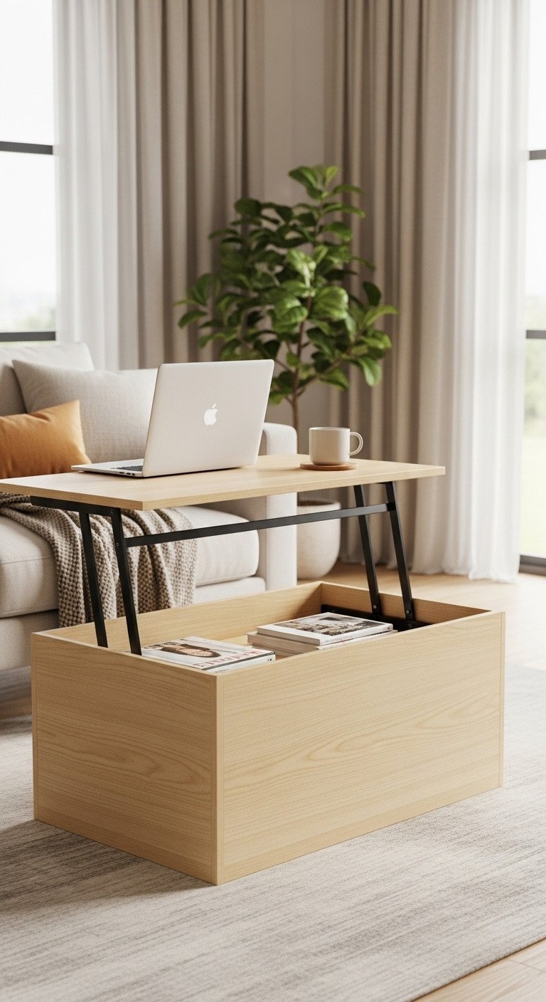 Modern living room features a sleek lift-top coffee table in raised position with laptop, coffee mug. Hidden storage holds magazines. Cozy apartment decor.