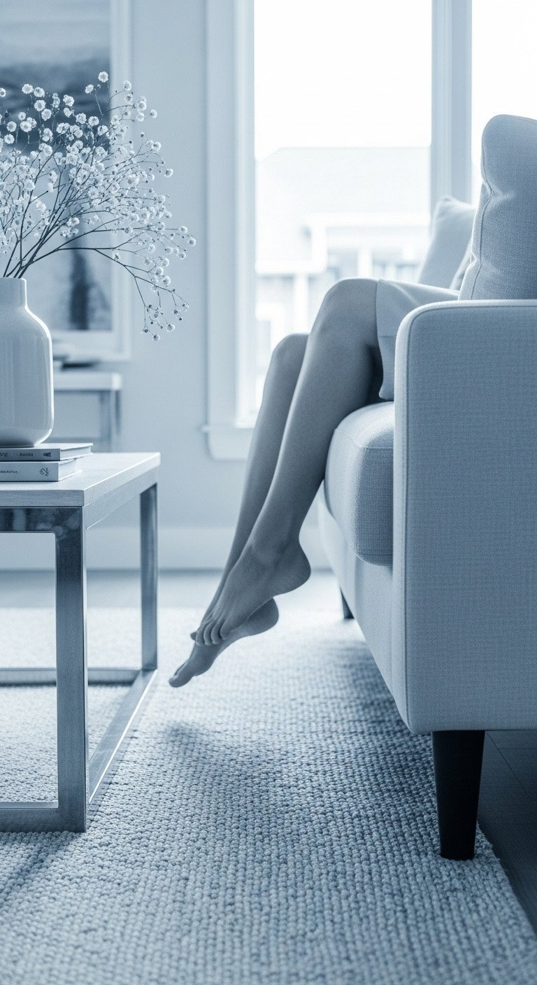 Modern living room showcasing narrow coffee table and optimal traffic flow space from sofa. Monochromatic blue and white decor.