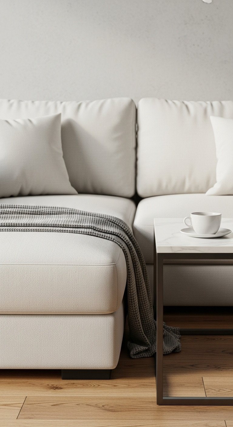 Modern living room with low-profile sofa and sleek coffee table at ideal height. Minimalist decor in warm creams & soft grays.