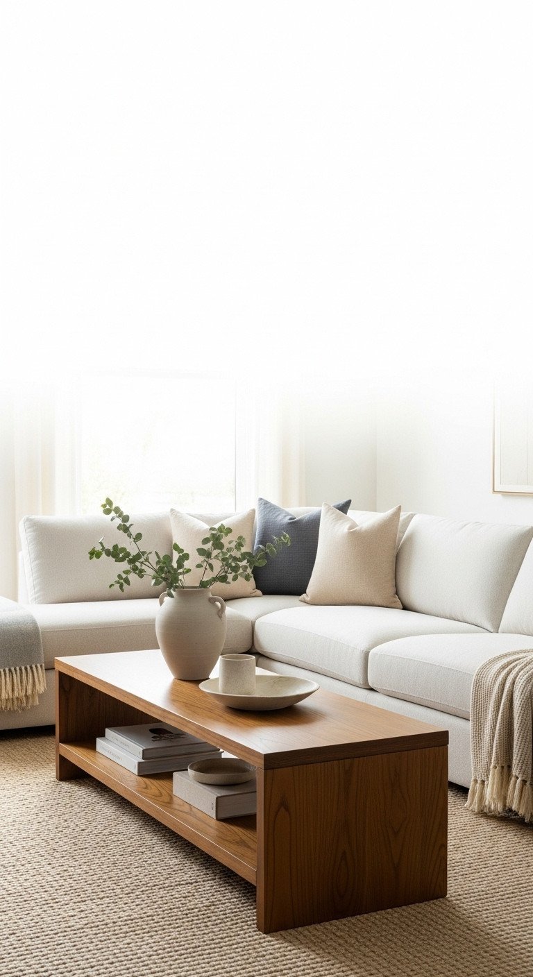 Modern living room with oversized cream sectional sofa and elegant wooden coffee table on a woven rug. Pinterest-style decor.
