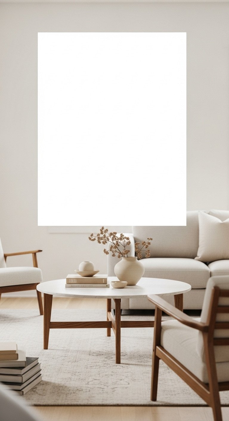 Modern living room with round low coffee table on neutral rug, light sofa & accent chairs. Warm cream, golden brown tones.