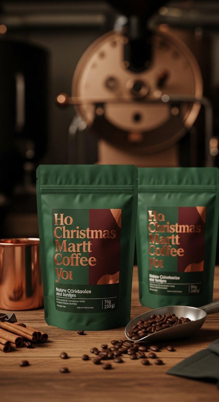 Modern minimalist Christmas coffee pouches in deep forest green and burgundy with copper foil, on a rustic table with coffee beans in a roastery.