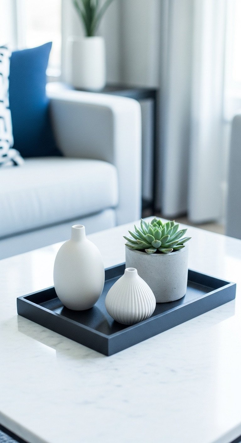 Transform Your Home With 7 Easy Coffee Table Vignettes 3 Modern minimalist coffee table decor: black tray, white ceramic sculpture, succulent in concrete planter on a white marble table.