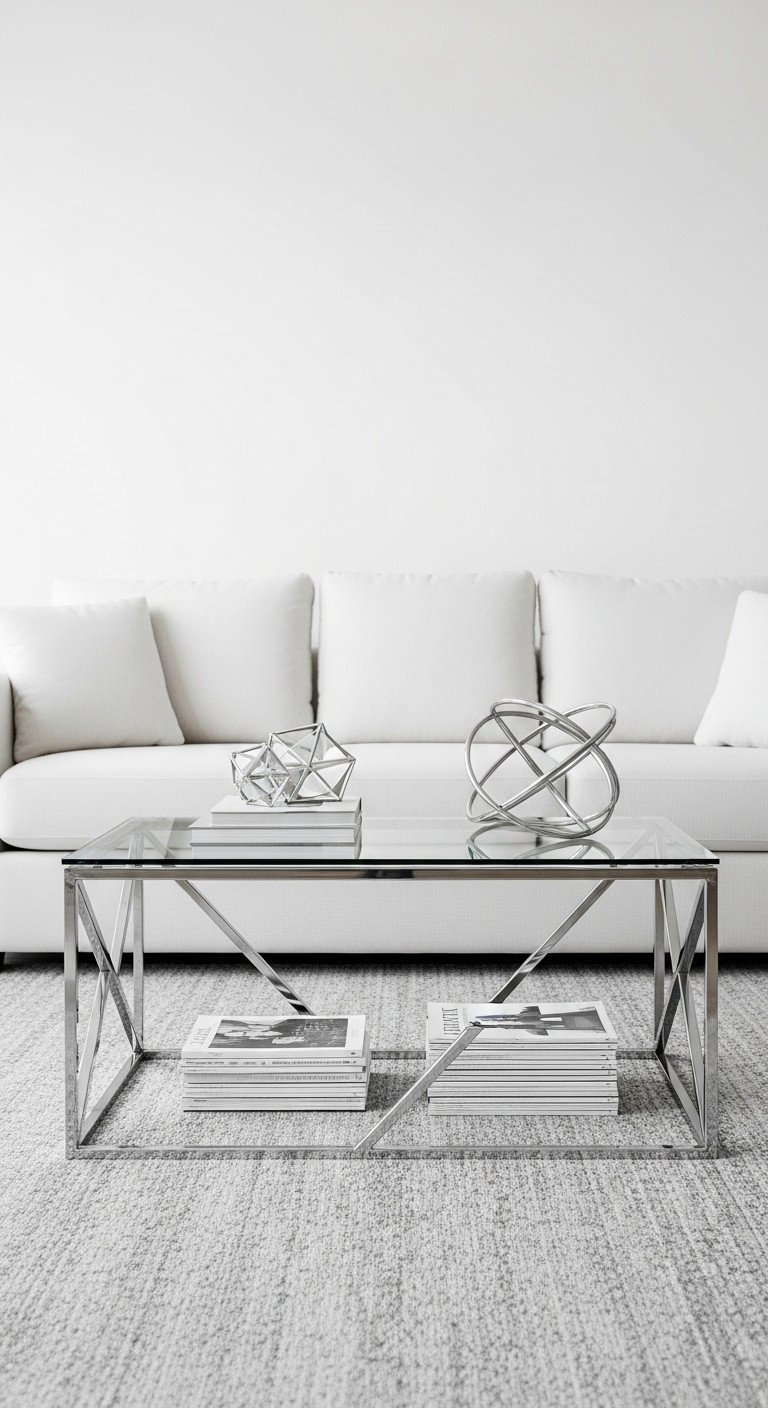Modern minimalist living room with rectangular tempered glass coffee table & sleek chrome geometric base on gray rug.