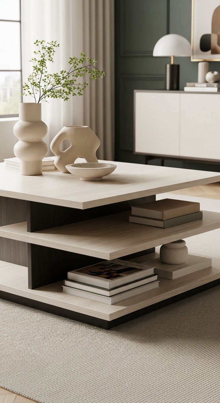 Modern multi-level coffee table with layered shelves for display, meticulously styled with decor in a minimalist living room.