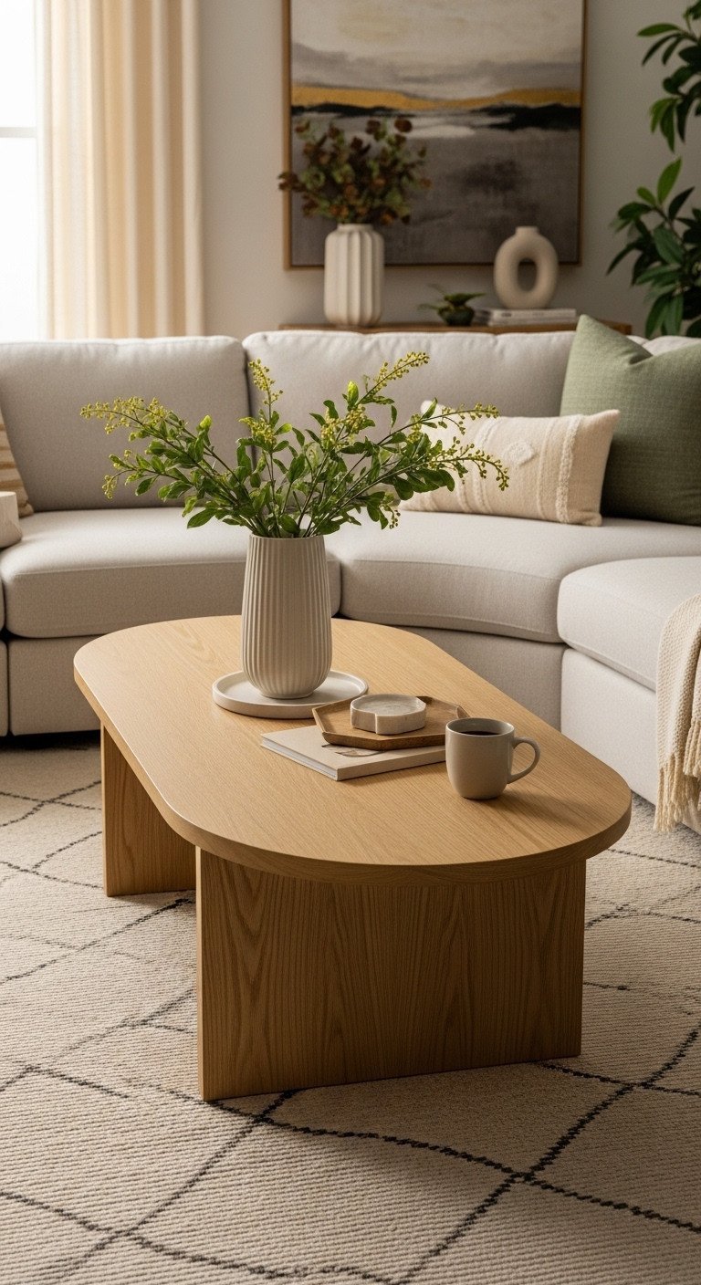 Modern natural oak curved coffee table for a sectional sofa, featuring coffee mugs, styled in a cozy living room.