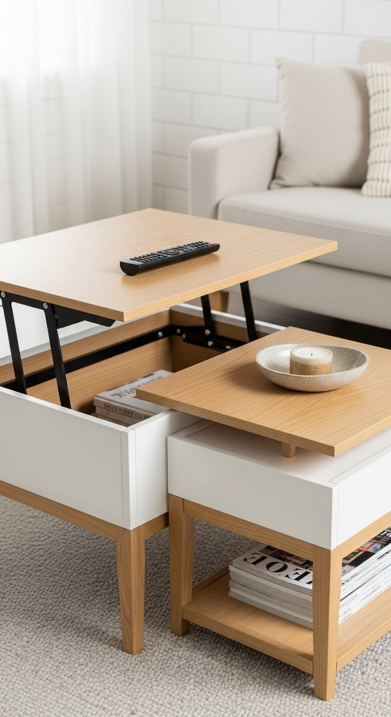 Modern nesting coffee table set with hidden storage. Lift-top reveals organization. Light wood, white lacquer, minimalist living room.