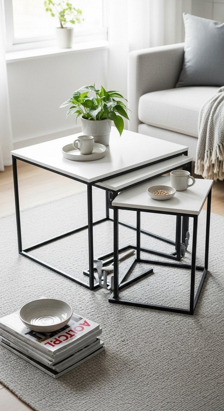 Modern nesting metal coffee tables, one tucked under, showcasing space-saving design in a minimalist living room.