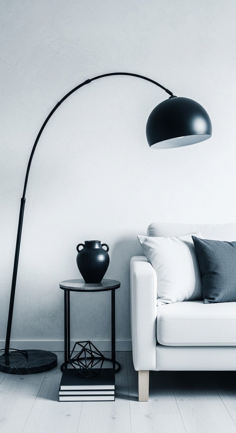 9 Genius Neutral Living Room Decor Ideas To Never Be Boring 3 Modern neutral living room: white sofa, matte black floor lamp, side table with dark ceramic vase, coffee book. High-contrast elegance.