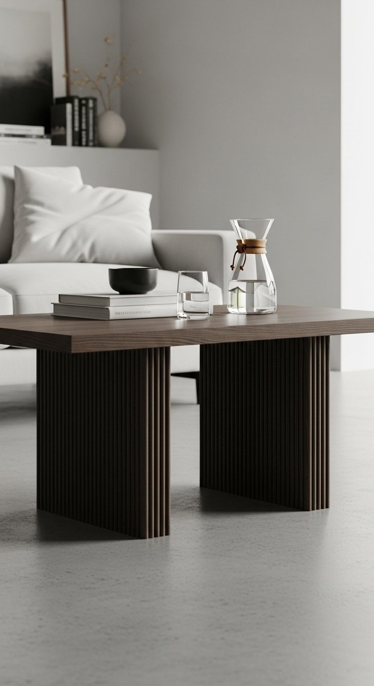 Modern rectangular coffee table with smooth top, structural ribbed base on polished concrete floor in a minimalist living room.