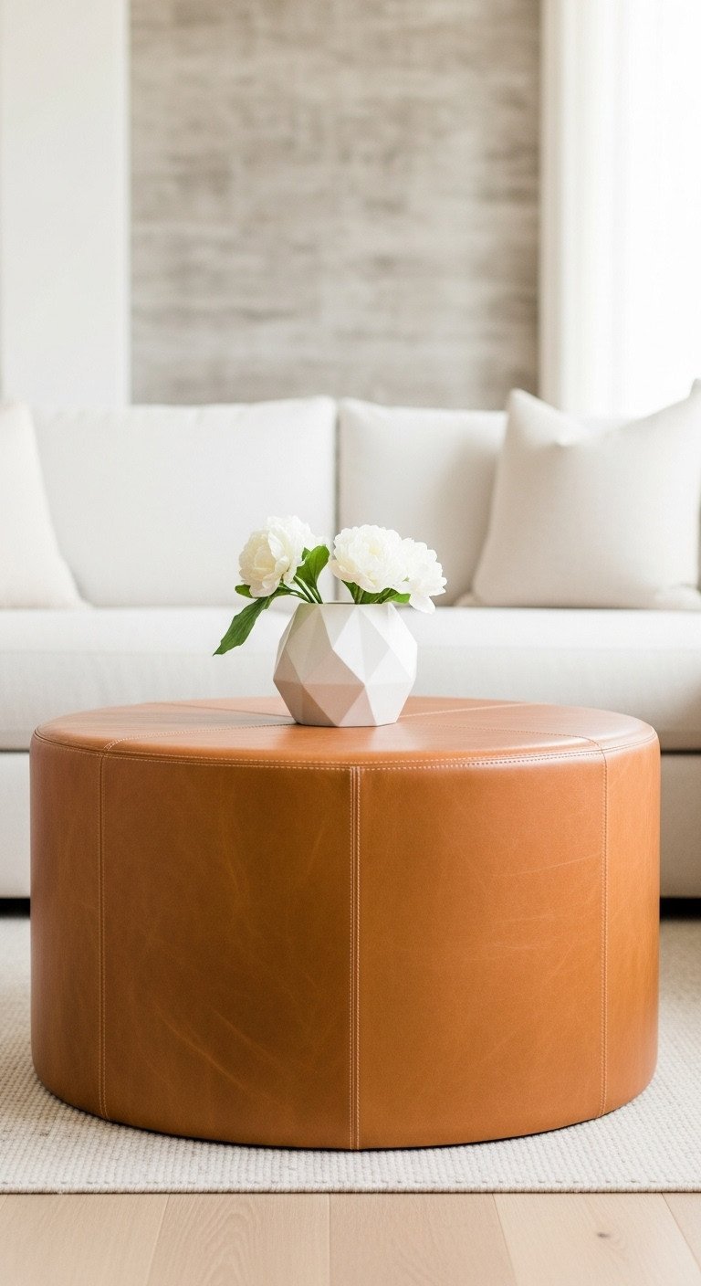 Elevate Your Space With A Luxurious Leather Coffee Table 2 Modern round drum cognac leather coffee table with geometric white flowers in an elegant, bright living room on a light wood floor.