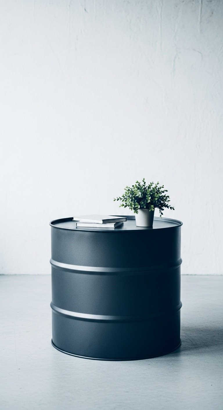 Modern round industrial coffee table, black metal drum shape, with a small green plant in a bright minimalist living room.