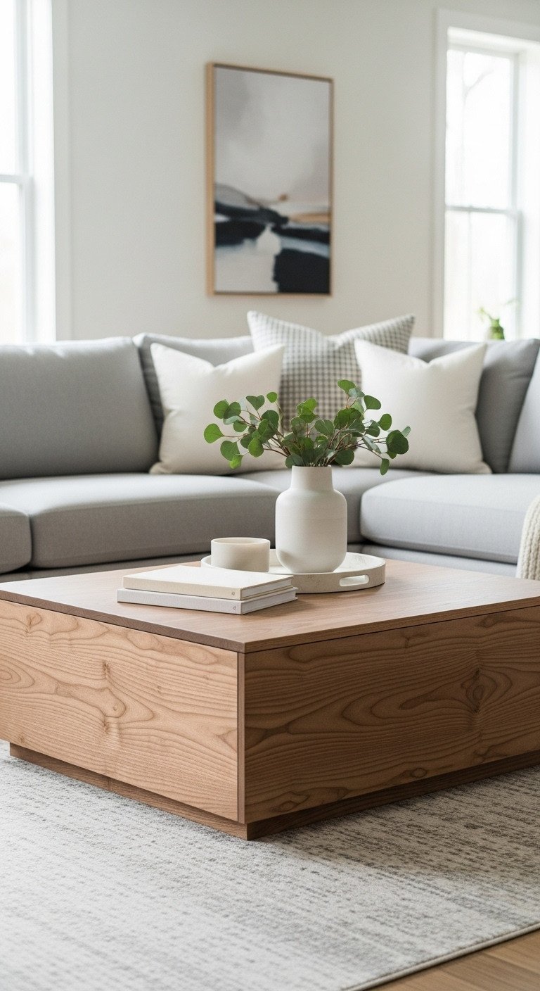 Modern square light walnut coffee table with storage, perfectly placed in a U-shaped sectional sofa, featuring a tray and books.