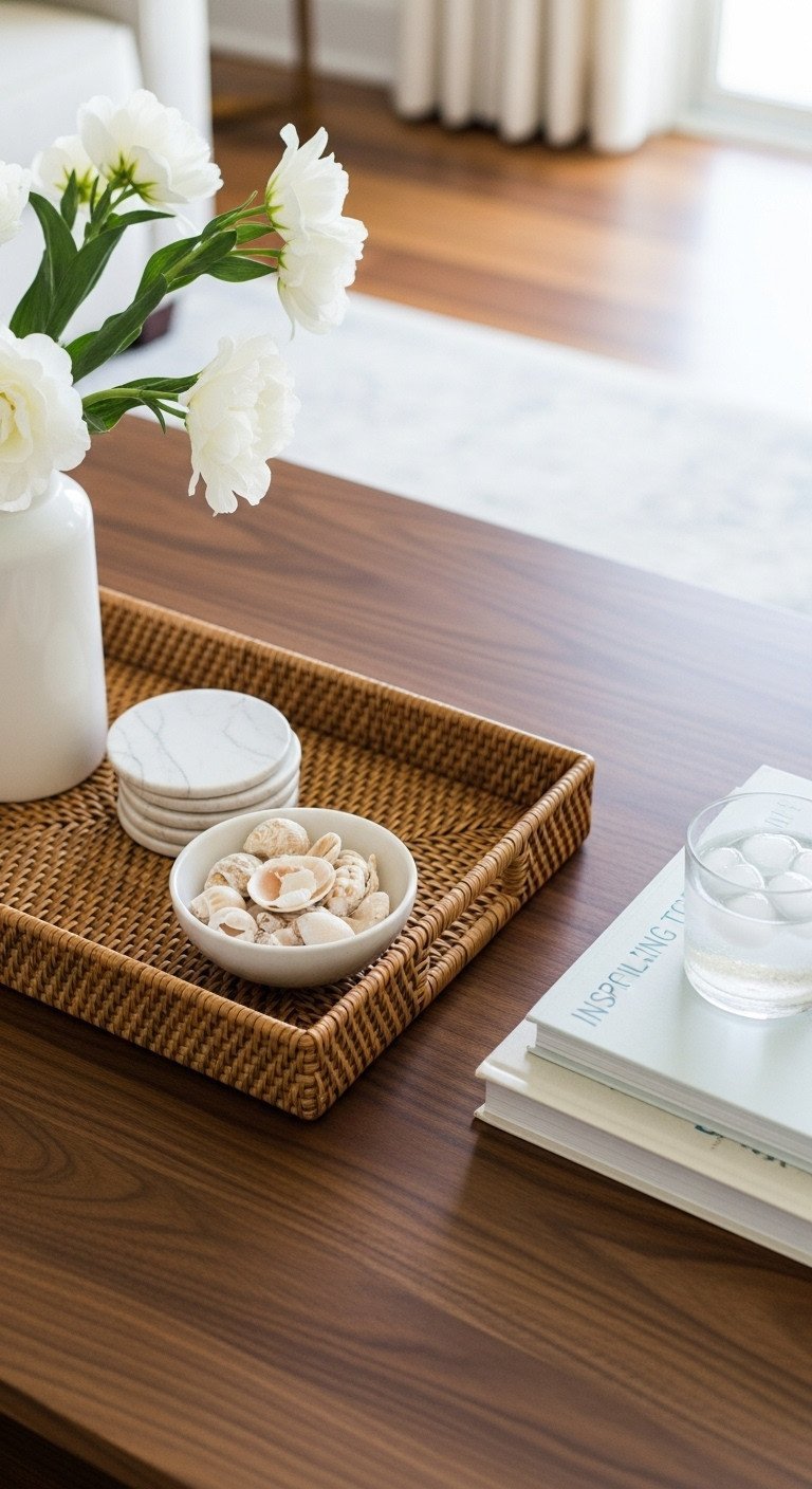 Modern summer coffee table decor: dark wood table, rattan tray, white coasters, polished shells, travel books, iced water. Simple, functional.