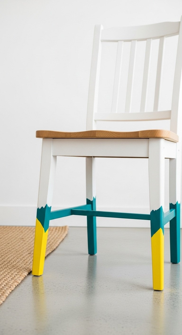 Modern upcycled wooden dining chair with vibrant dip-paint legs, natural wood, and a minimalist design on a concrete floor.
