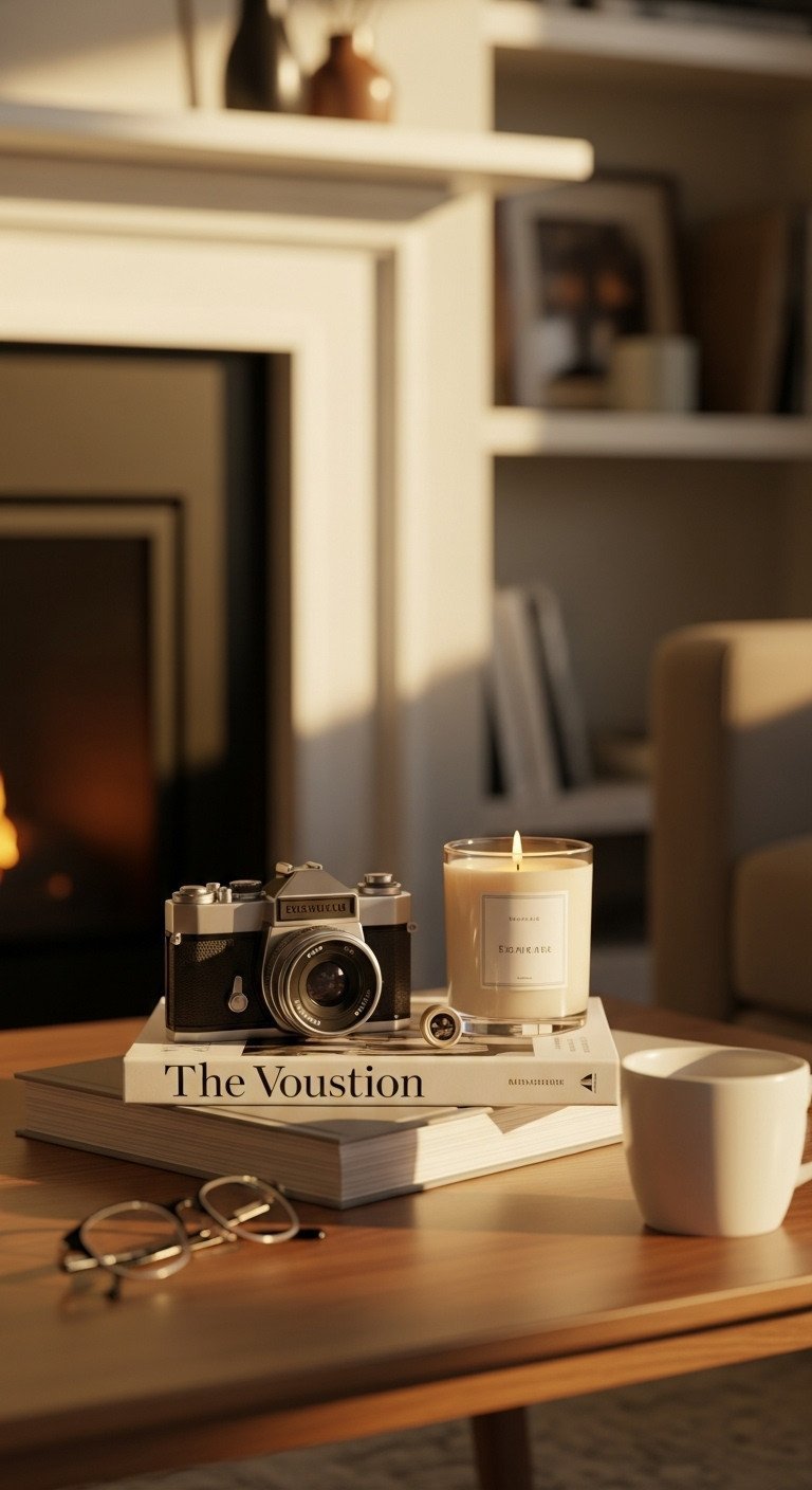 Modern wood coffee table with personalized decor: vintage camera, art book, travel mementos, and a candle. Cozy golden hour styling.