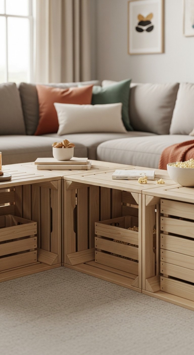 Genius DIY Crate Coffee Table Ideas For Smart Storage 13 Modular L-shape crate coffee table with multiple wooden crates, offering ample storage, next to a sectional sofa.