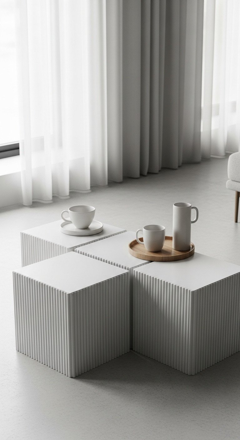 Genius Fluted Coffee Table Storage Ideas For Modern Homes 13 Modular fluted coffee table, blocks separated, showcasing versatile design. Bright minimalist apartment, elegant grey and white.