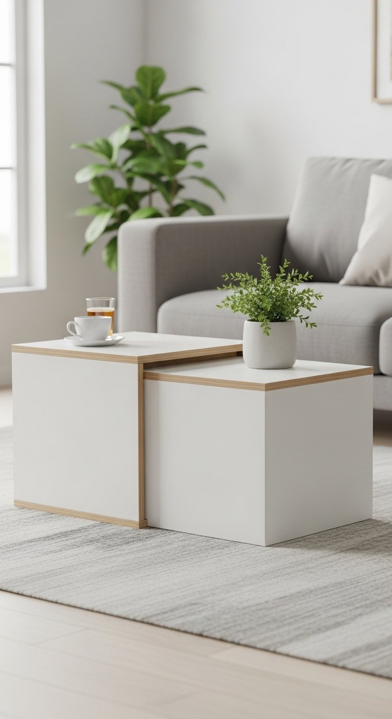 Modular square coffee tables, multi-functional design for flexible use in a modern living room with a light rug.
