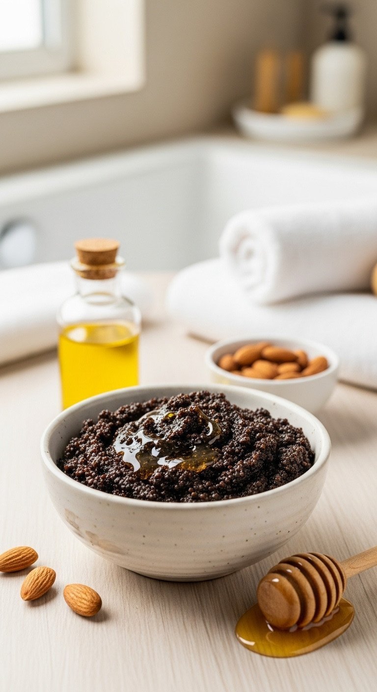 Moisturizing coffee scrub with honey and almond oil in a ceramic bowl, set on a wooden surface in a spa-like bathroom.