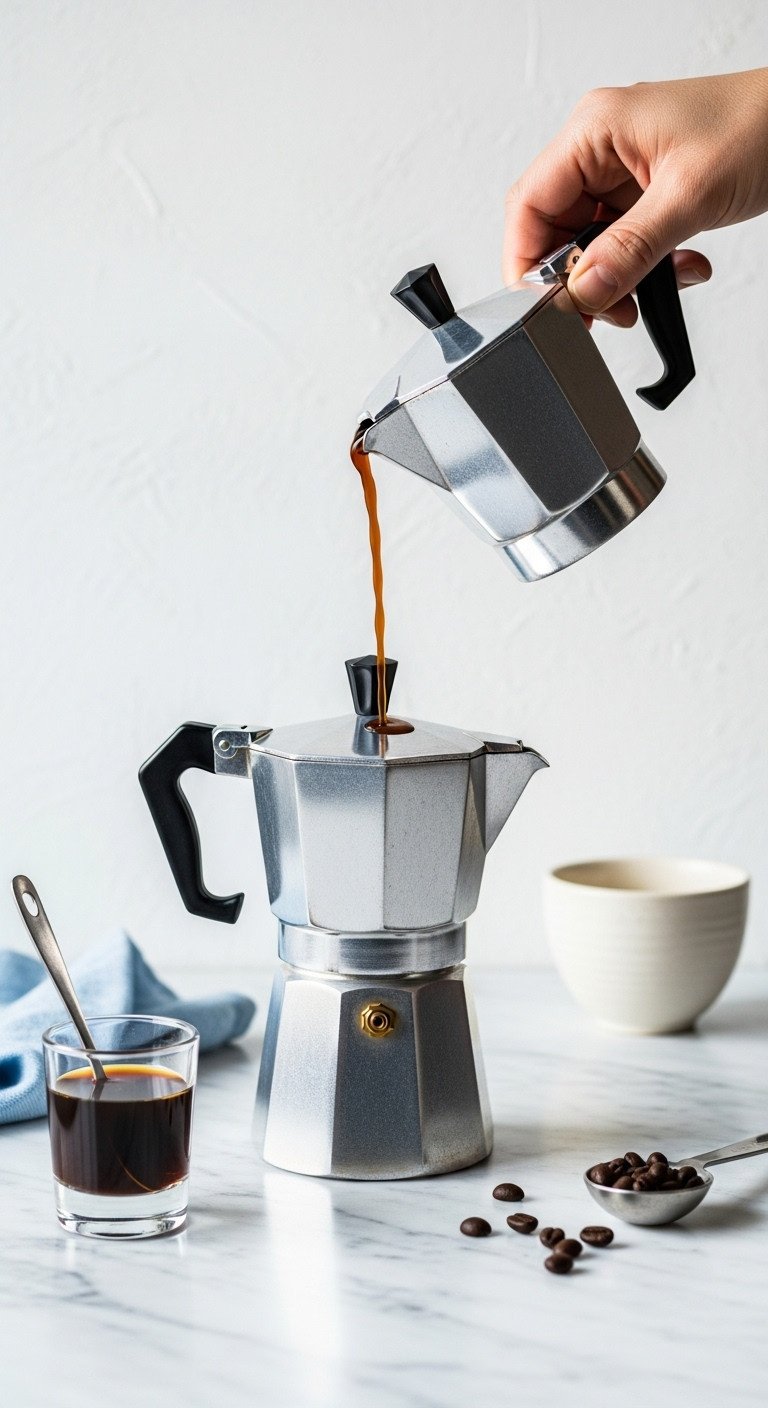 5 Genius Iced Pistachio Latte Secrets Buttery Flavor 3 Moka pot with rich concentrated coffee on a marble counter. Scattered coffee beans, cold brew shot glass. Minimalist coffee prep.