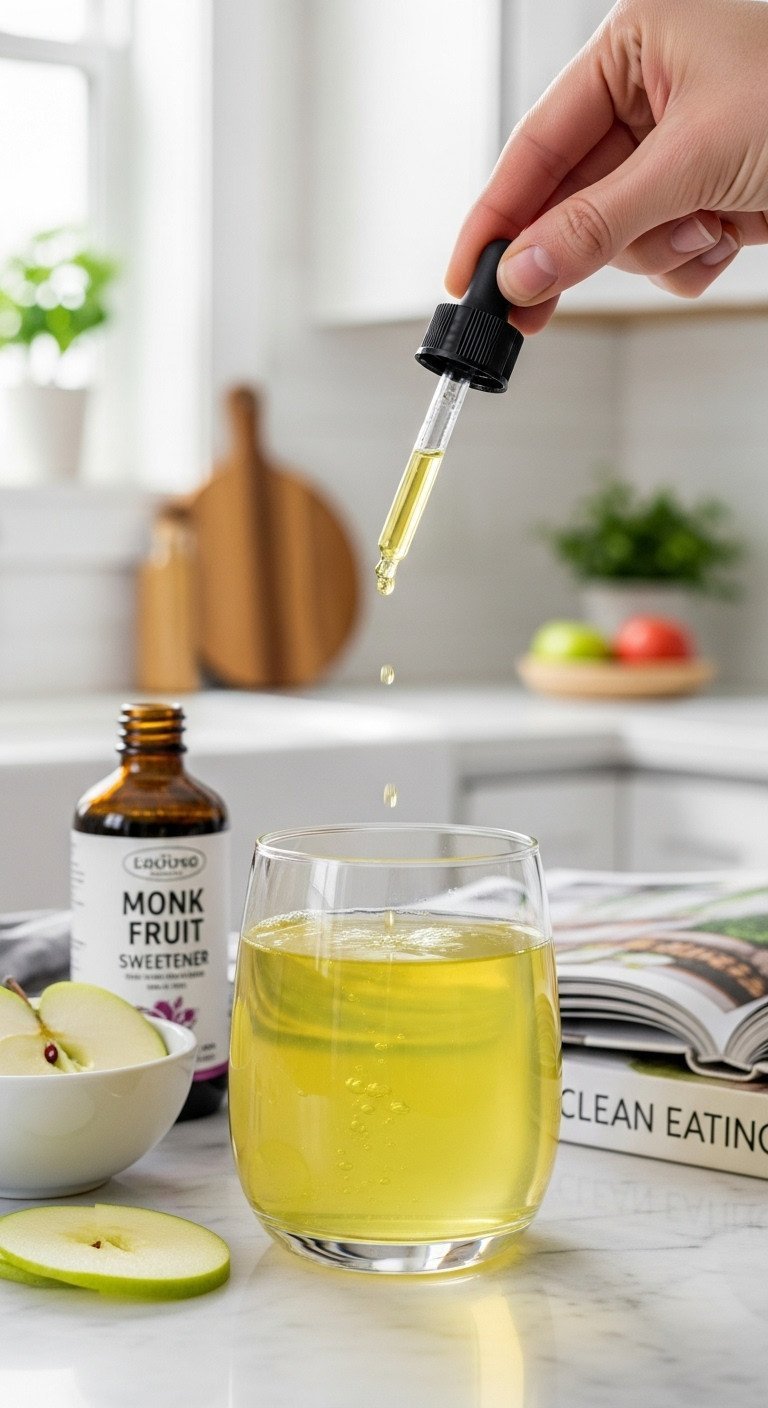 Monk Fruit sweetener drops falling into a glass of yellow-green apple tea on marble, highlighting sugar-free option.