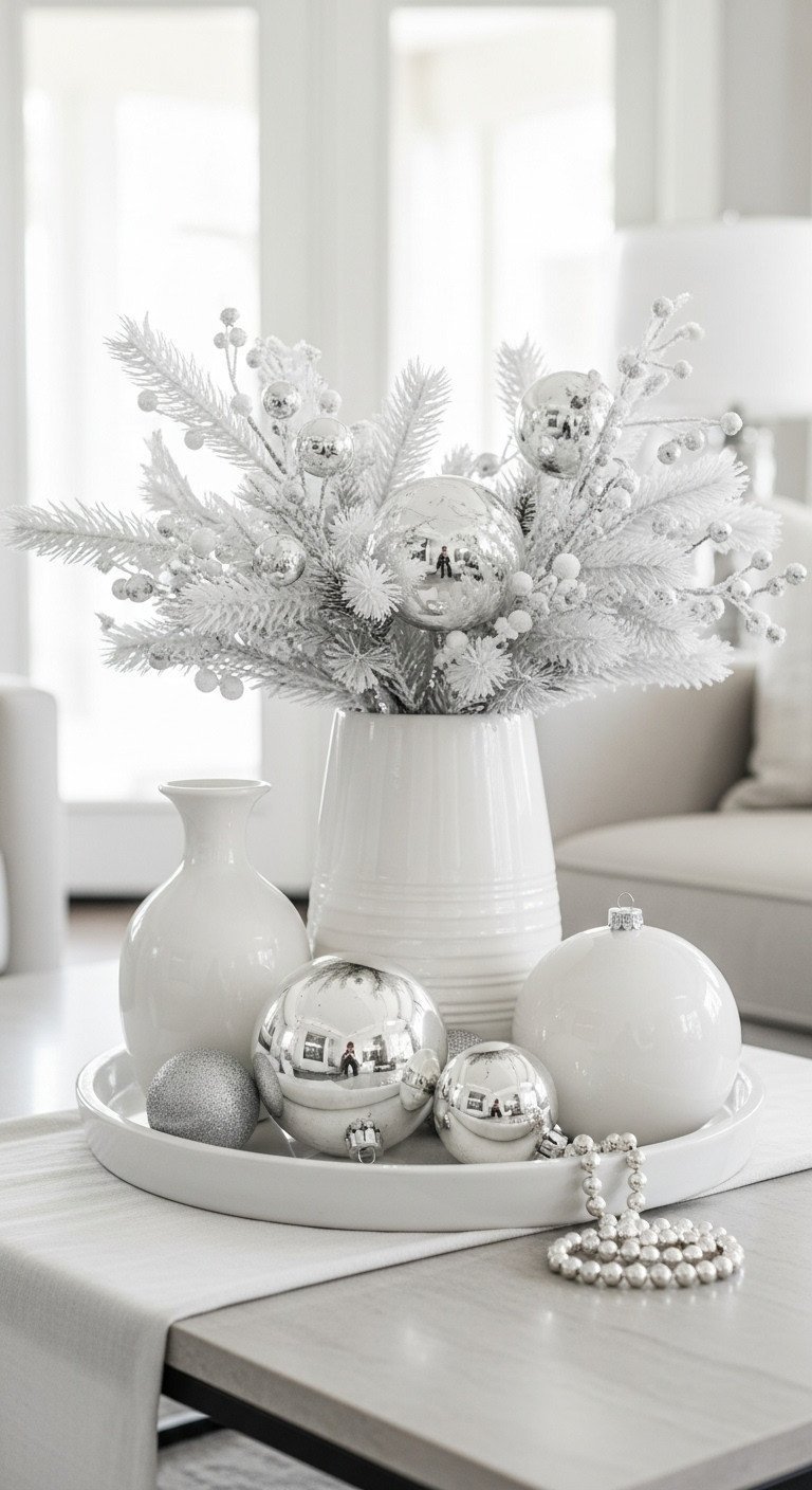11 Glam Christmas Coffee Table Decor Ideas For Stunning Style 12 Monochromatic Christmas decor: white ceramic pieces, silver ornaments, frosted greenery, silver garland on marble. Modern winter wonderland.