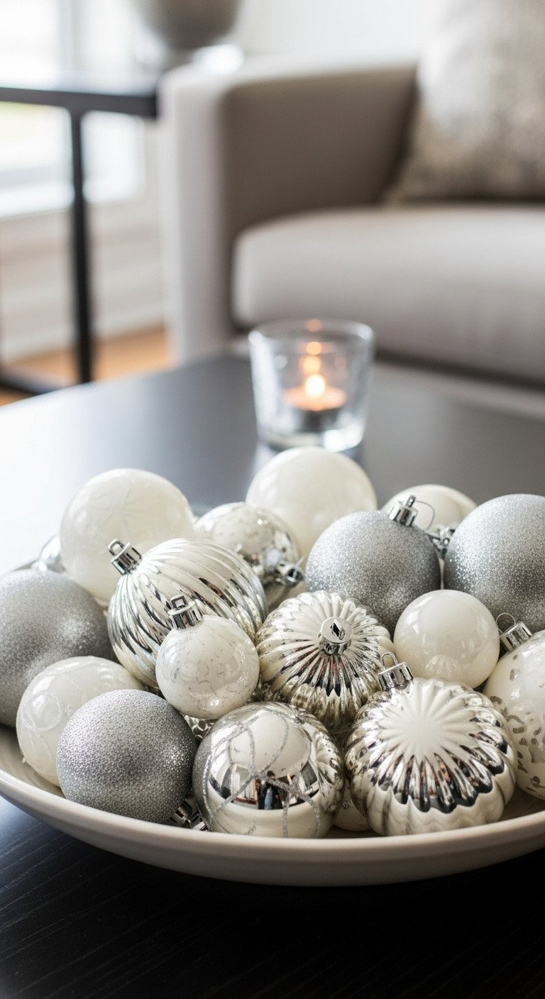 Monochromatic white, silver, gold ornaments in ceramic bowl on dark coffee table with a tea light holder.