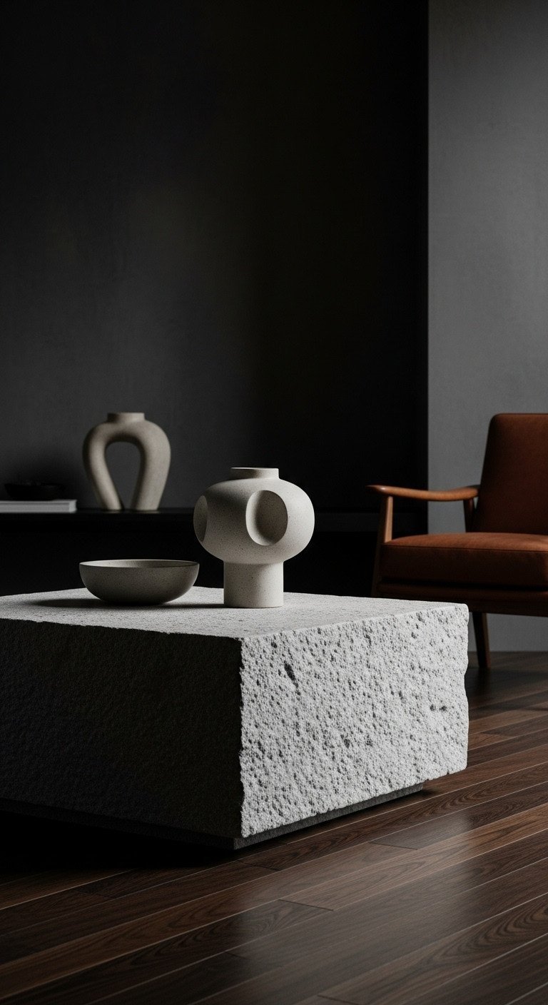 Unique Stone Coffee Table Designs To Transform Any Living Space 5 Monolithic concrete plinth coffee table, Brutalist aesthetic, dark wood floor, leather armchair, sculptural ceramic, charcoal gray tones.