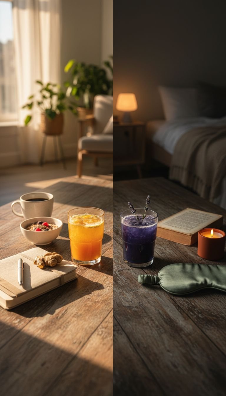 7 Genius Rules to Vetting Functional Wellness Drinks 29 Morning energy drink with planner and evening sleep drink with book, illustrating daily functional beverage wellness routine.