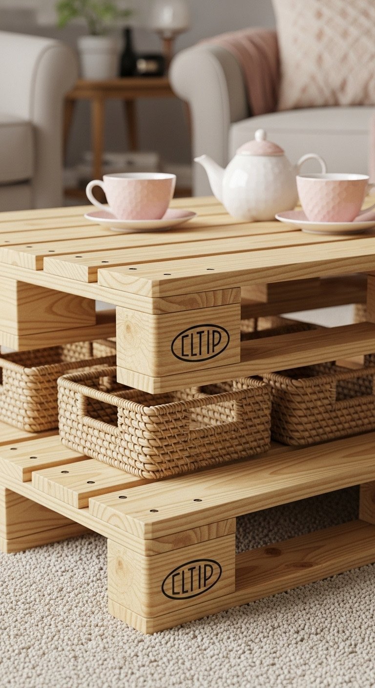 DIY Pallet Coffee Table Transform Pallets Into Stunning Furniture 17 Multi-functional DIY two-tiered pallet coffee table, refined stain, extra storage with baskets and teacups.