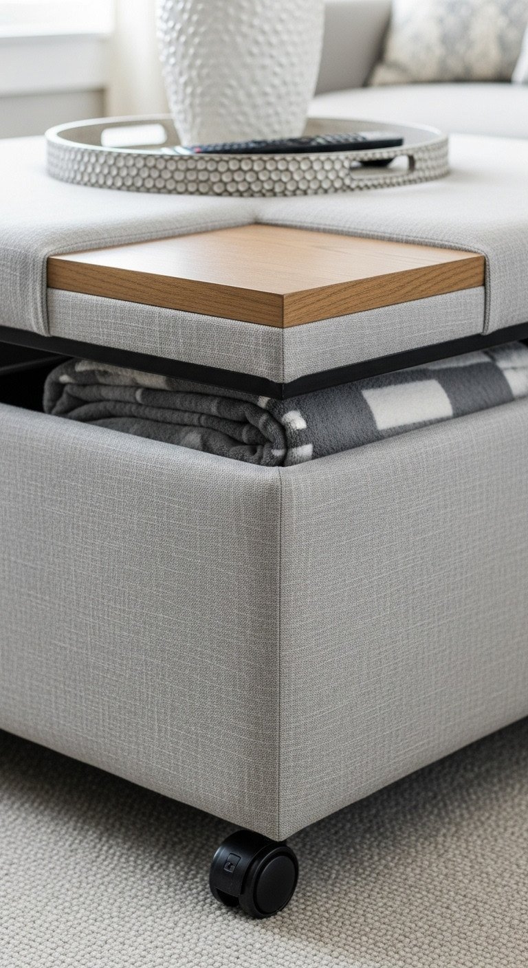 Multi-functional rolling ottoman coffee table, linen fabric, wood top, casters. Styled with tray and blanket.