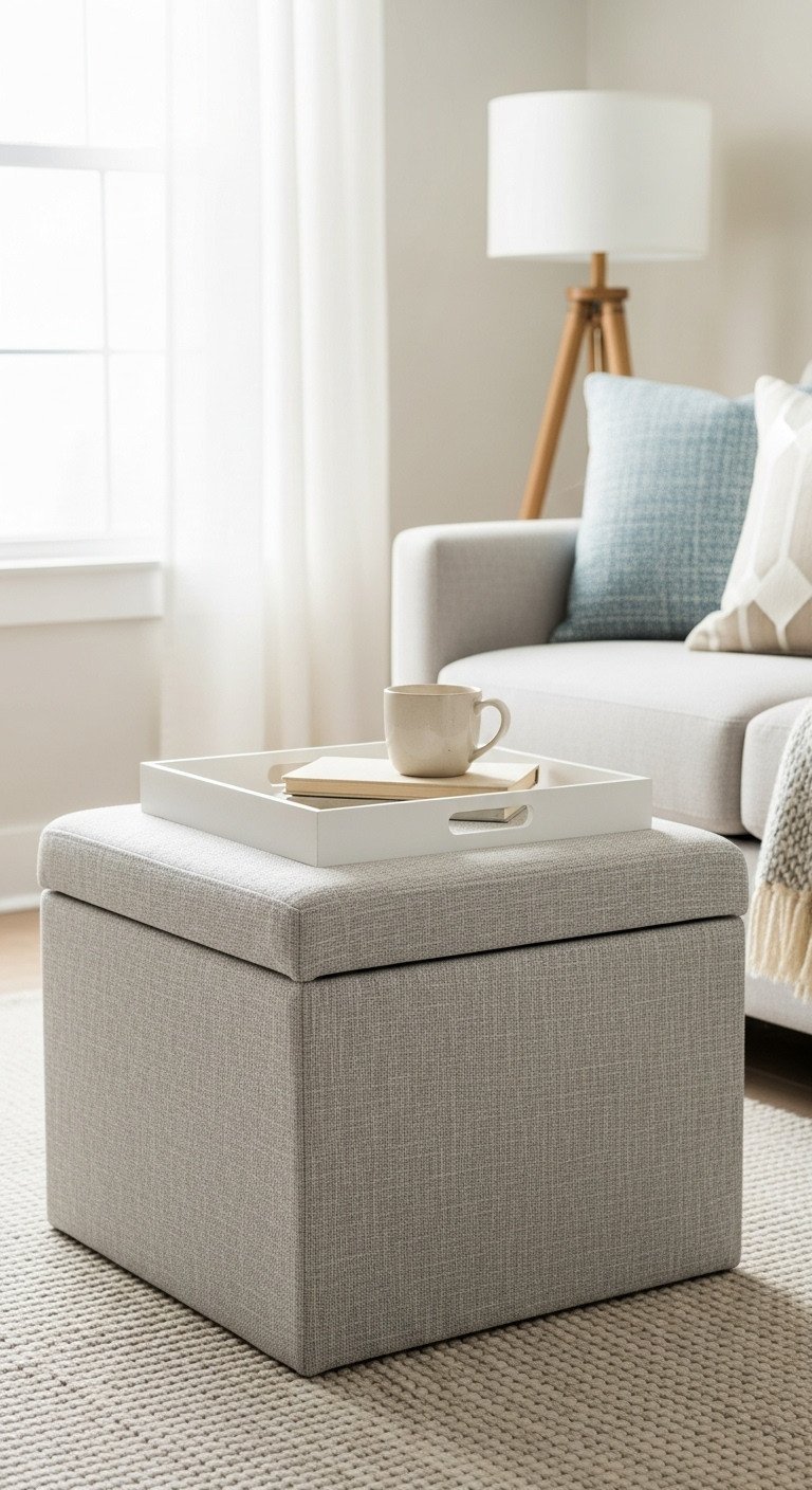 Multi-functional square coffee table ottoman with hidden storage, serving tray, book stack, mug. Compact living room, space-saving.