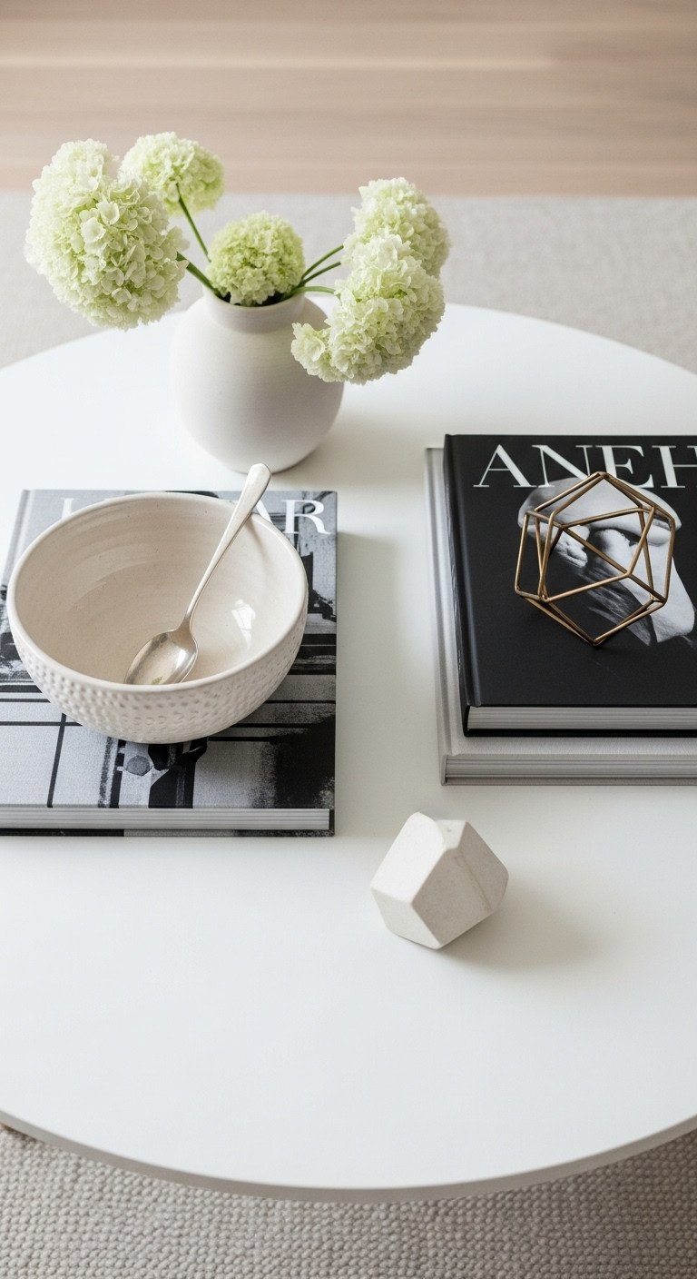 Multi-season neutral coffee table decor: modern round table, ivory ceramic bowl, black & white art books, geometric metallic object.