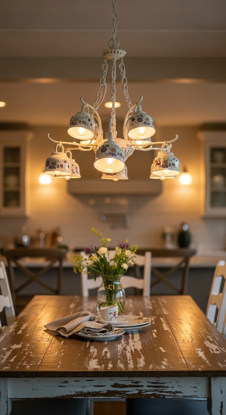 Teacup Chandelier DIY Secrets Wiring Safety And Porcelain Drilling 13 Multi-tiered teacup chandelier with soft LED light, hanging elegantly over a distressed farmhouse dining table for whimsical decor.