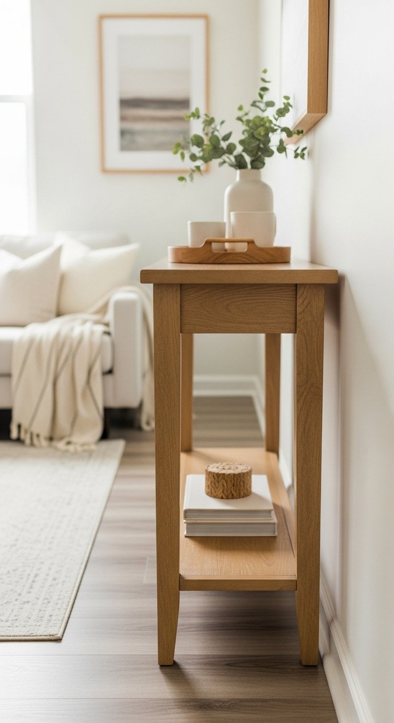 Narrow console coffee table in a compact living room, fronting a small sectional sofa. Slim design for an uncluttered path.