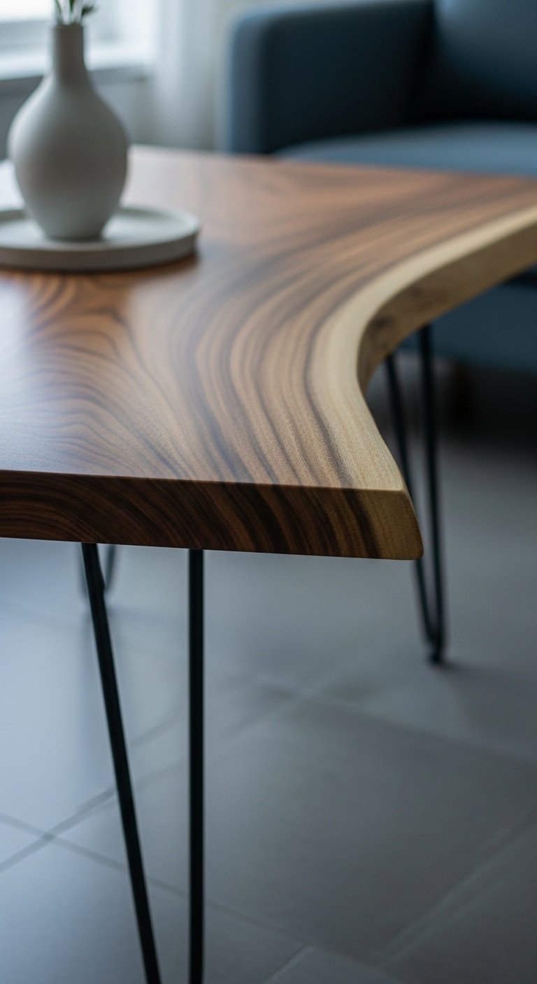 Elevate Your Living Room With 7 Genius Rustic Coffee Tables 9 Natural live edge rustic coffee table with dramatic wood slab, black metal legs, minimalist vase, and coaster. Elegant decor.