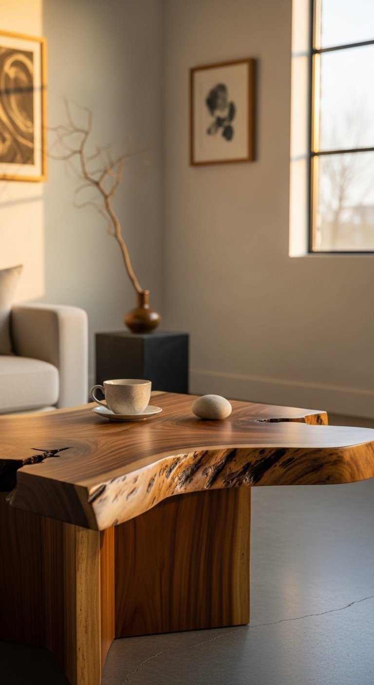 7 Unique Wood Coffee Table Styles For Your Home 4 Natural live edge wood slab coffee table with a lustrous finish, featuring an elegant teacup on concrete floor.