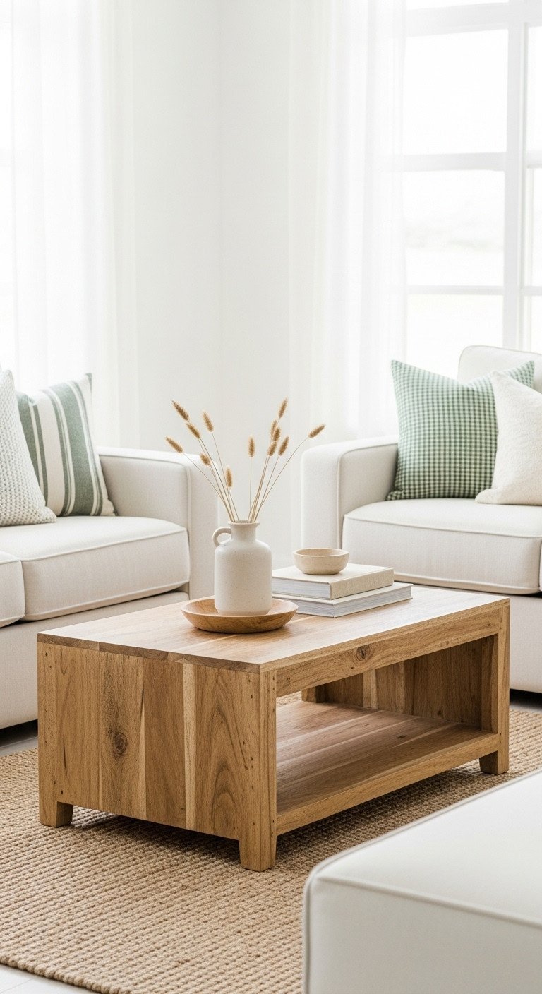 Natural mango wood coastal coffee table, visible grain. Open shelf, dried grasses, books.