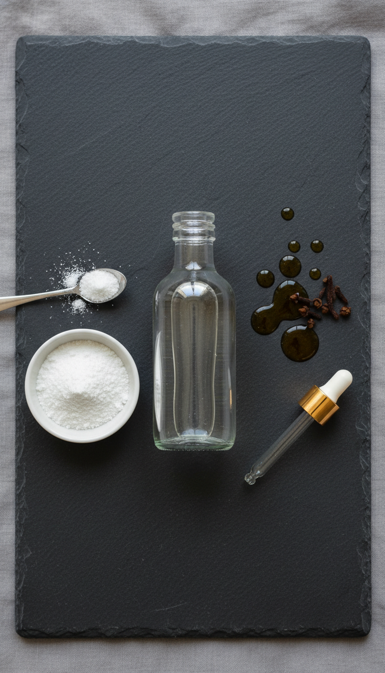 Homemade Shelf Stable Coffee Syrup Ultimate Guide No Refrigeration 13 Natural preservation boosters: alcohol, citric acid powder, and essential oils on a dark stone surface, flat lay.