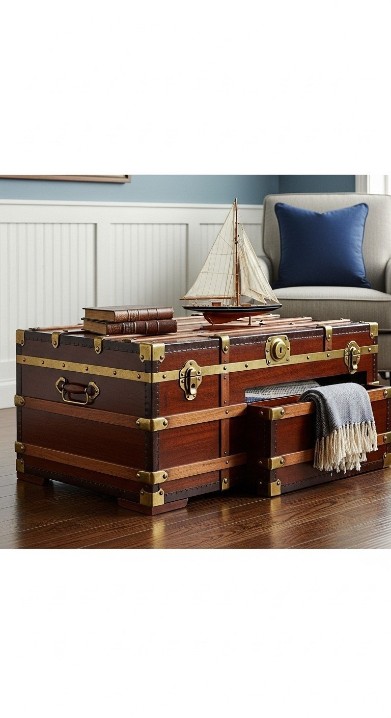 Nautical trunk coffee table, distressed wood, brass hardware. Storage, sailboat, books.